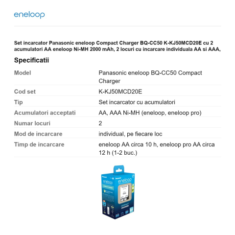 Set incarcator Panasonic eneloop Compact Charger BQ-CC50 K-KJ50MCD20E cu 2 acumulatori AA eneloop Ni-MH 2000 mAh, 2 locuri cu incarcare individuala AA si AAA, 2 locuri [2]