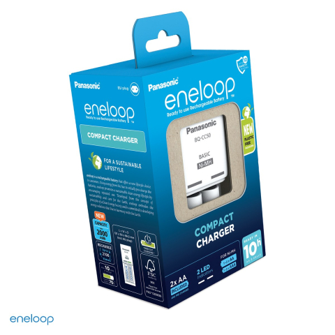 Energy - Set incarcator Panasonic eneloop Compact Charger BQ-CC50 K-KJ50MCD20E cu 2 acumulatori AA eneloop Ni-MH 2000 mAh, 2 locuri cu incarcare individuala AA si AAA, 2 locuri