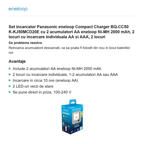 Set incarcator Panasonic eneloop Compact Charger BQ-CC50 K-KJ50MCD20E cu 2 acumulatori AA eneloop Ni-MH 2000 mAh, 2 locuri cu incarcare individuala AA si AAA, 2 locuri [1]