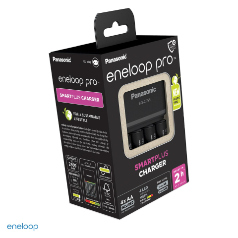 Energy - Set incarcator Panasonic eneloop Smart & Quick Charger BQ-CC55 K-KJ55HCD40E cu 4 acumulatori AA eneloop pro Ni-MH 2500 mAh, 4 locuri cu incarcare individuala AA si AAA, incarcare rapida