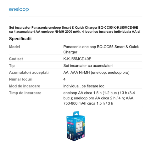 Set incarcator Panasonic eneloop Smart & Quick Charger BQ-CC55 K-KJ55MCD40E cu 4 acumulatori AA eneloop Ni-MH 2000 mAh, 4 locuri cu incarcare individuala AA si AAA, incarcare rapida [2]