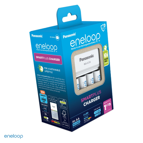 Energy - Set incarcator Panasonic eneloop Smart & Quick Charger BQ-CC55 K-KJ55MCD40E cu 4 acumulatori AA eneloop Ni-MH 2000 mAh, 4 locuri cu incarcare individuala AA si AAA, incarcare rapida