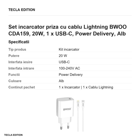 Set incarcator priza cu cablu Lightning BWOO CDA159, 20W, 1 x USB-C, Power Delivery, Alb [2]