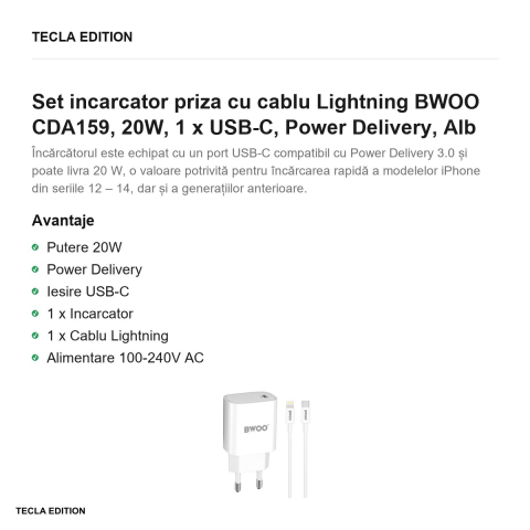 Set incarcator priza cu cablu Lightning BWOO CDA159, 20W, 1 x USB-C, Power Delivery, Alb [1]