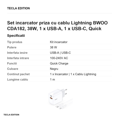 Set incarcator priza cu cablu Lightning BWOO CDA182, 38W, 1 x USB-A, 1 x USB-C, Quick Charge, cablu 1 m, Negru [2]