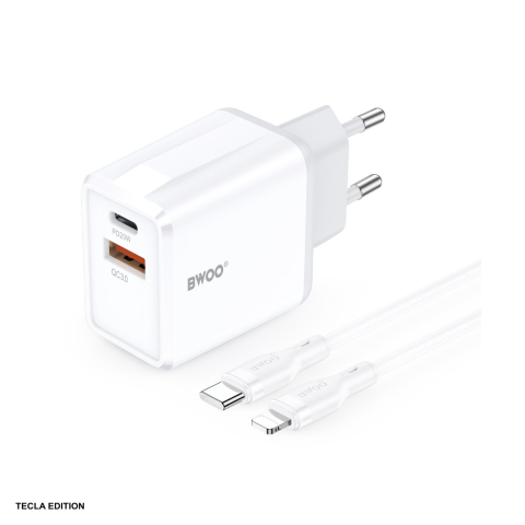 Accesorii IT - Set incarcator priza cu cablu Lightning BWOO CDA182, 38W, 1 x USB-A, 1 x USB-C, Quick Charge, cablu 1 m, Negru