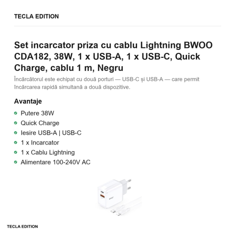 Set incarcator priza cu cablu Lightning BWOO CDA182, 38W, 1 x USB-A, 1 x USB-C, Quick Charge, cablu 1 m, Negru [1]