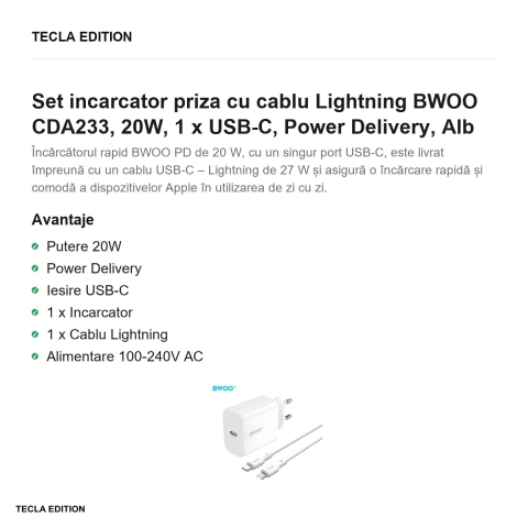 Set incarcator priza cu cablu Lightning BWOO CDA233, 20W, 1 x USB-C, Power Delivery, Alb [1]