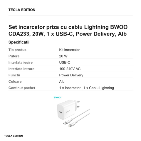 Set incarcator priza cu cablu Lightning BWOO CDA233, 20W, 1 x USB-C, Power Delivery, Alb [2]