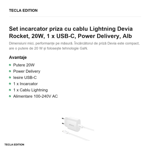 Set incarcator priza cu cablu Lightning Devia Rocket, 20W, 1 x USB-C, Power Delivery, Alb [1]