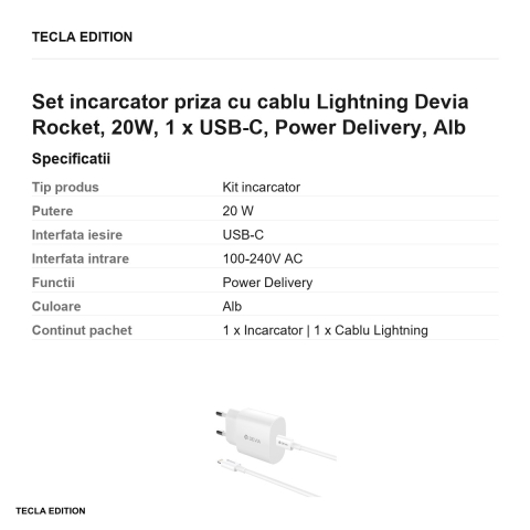 Set incarcator priza cu cablu Lightning Devia Rocket, 20W, 1 x USB-C, Power Delivery, Alb [2]
