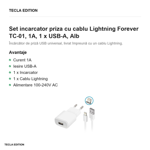 Set incarcator priza cu cablu Lightning Forever TC-01, 1A, 1 x USB-A, Alb [1]