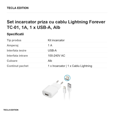 Set incarcator priza cu cablu Lightning Forever TC-01, 1A, 1 x USB-A, Alb [2]
