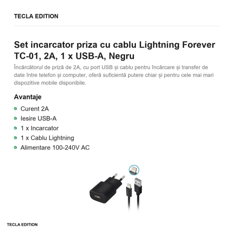 Set incarcator priza cu cablu Lightning Forever TC-01, 2A, 1 x USB-A, Negru [1]