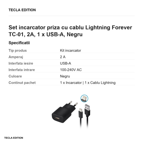Set incarcator priza cu cablu Lightning Forever TC-01, 2A, 1 x USB-A, Negru [2]