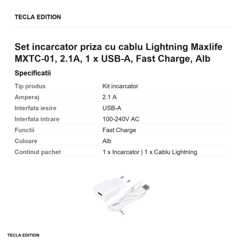 Set incarcator priza cu cablu Lightning Maxlife MXTC-01, 2.1A, 1 x USB-A, Fast Charge, Alb [2]