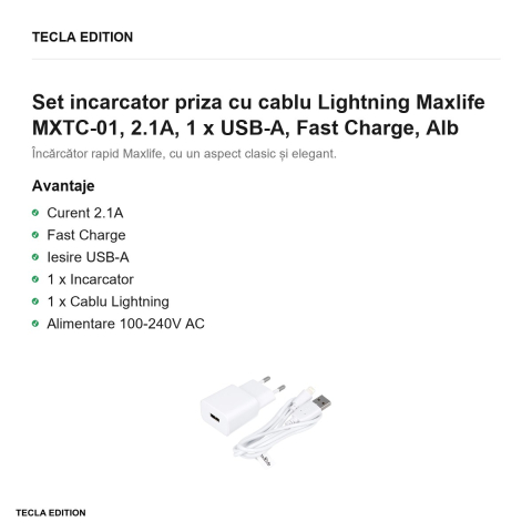 Set incarcator priza cu cablu Lightning Maxlife MXTC-01, 2.1A, 1 x USB-A, Fast Charge, Alb [1]
