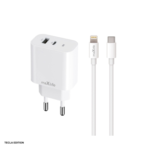 Accesorii smartphone - Set incarcator priza cu cablu Lightning Maxlife MXTC-06-20AC, 20W, 1 x USB-C, 1 x USB-A, Power Delivery, Quick Charge, Alb