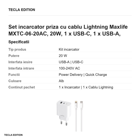 Set incarcator priza cu cablu Lightning Maxlife MXTC-06-20AC, 20W, 1 x USB-C, 1 x USB-A, Power Delivery, Quick Charge, Alb [2]