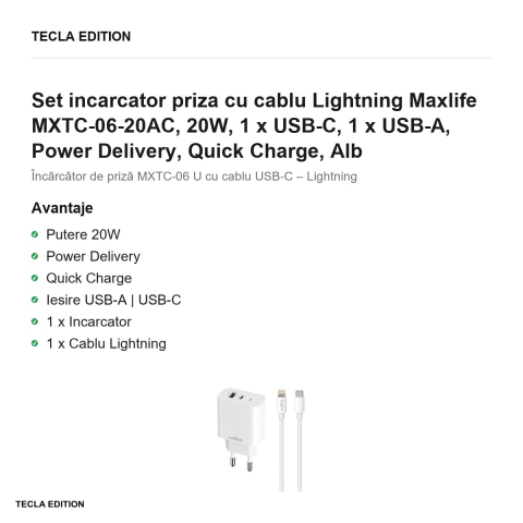 Set incarcator priza cu cablu Lightning Maxlife MXTC-06-20AC, 20W, 1 x USB-C, 1 x USB-A, Power Delivery, Quick Charge, Alb [1]