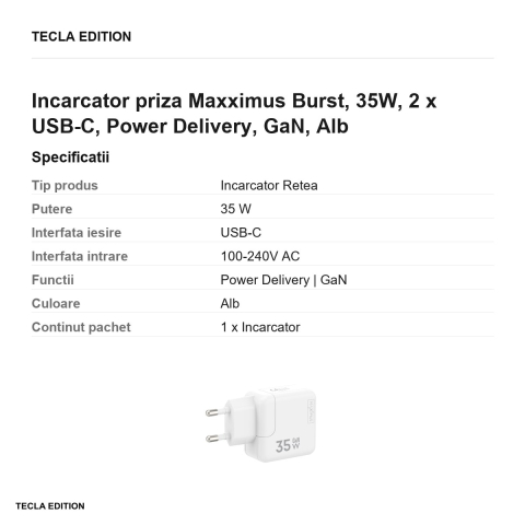 Set incarcator priza cu cablu Lightning Maxximus Burst, 35W, 2 x USB-C, Power Delivery, GaN, Alb [2]