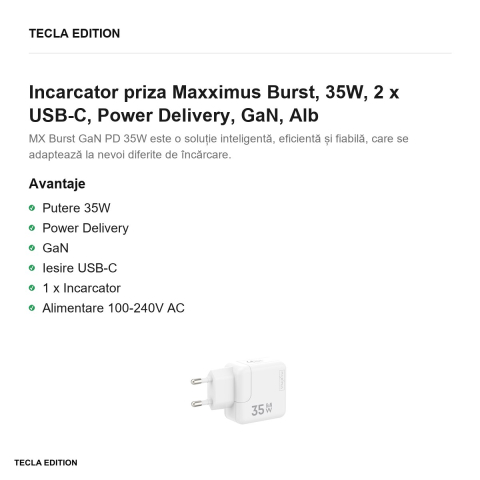 Set incarcator priza cu cablu Lightning Maxximus Burst, 35W, 2 x USB-C, Power Delivery, GaN, Alb [1]