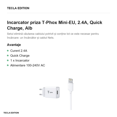 Set incarcator priza cu cablu Lightning T-Phox Mini-EU, 2.4A, Quick Charge, Alb [1]