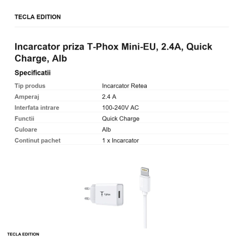 Set incarcator priza cu cablu Lightning T-Phox Mini-EU, 2.4A, Quick Charge, Alb [2]