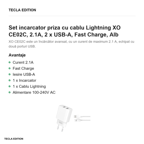 Set incarcator priza cu cablu Lightning XO CE02C, 2.1A, 2 x USB-A, Fast Charge, Alb [1]