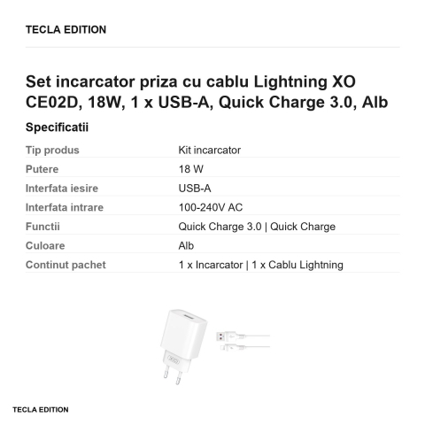 Set incarcator priza cu cablu Lightning XO CE02D, 18W, 1 x USB-A, Quick Charge 3.0, Alb [2]