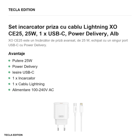 Set incarcator priza cu cablu Lightning XO CE25, 25W, 1 x USB-C, Power Delivery, Alb [1]