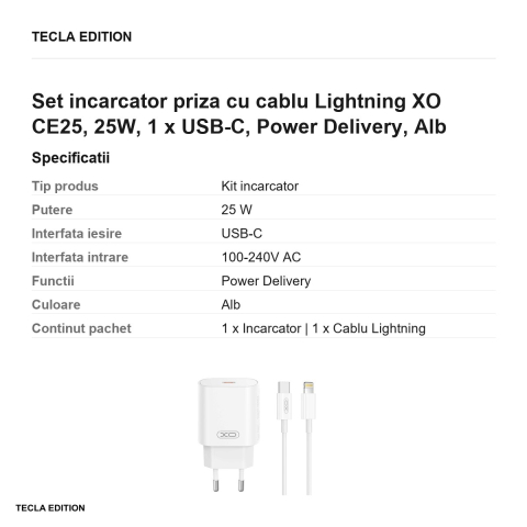 Set incarcator priza cu cablu Lightning XO CE25, 25W, 1 x USB-C, Power Delivery, Alb [2]