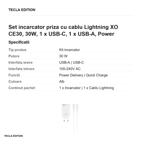 Set incarcator priza cu cablu Lightning XO CE30, 30W, 1 x USB-C, 1 x USB-A, Power Delivery, Alb [2]