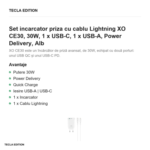 Set incarcator priza cu cablu Lightning XO CE30, 30W, 1 x USB-C, 1 x USB-A, Power Delivery, Alb [1]