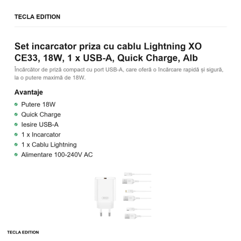 Set incarcator priza cu cablu Lightning XO CE33, 18W, 1 x USB-A, Quick Charge, Alb [1]