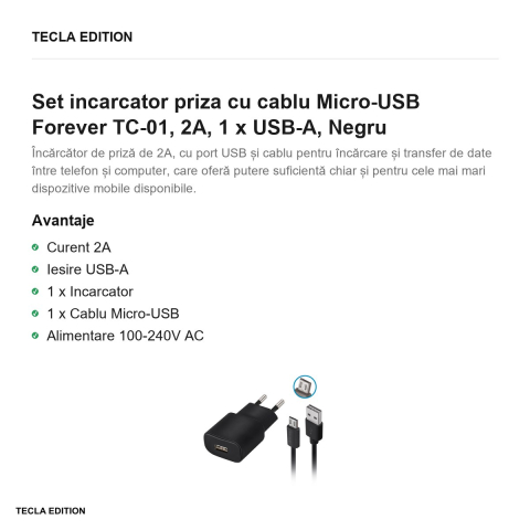 Set incarcator priza cu cablu Micro-USB Forever TC-01, 2A, 1 x USB-A, Negru [1]