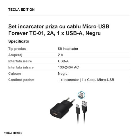 Set incarcator priza cu cablu Micro-USB Forever TC-01, 2A, 1 x USB-A, Negru [2]