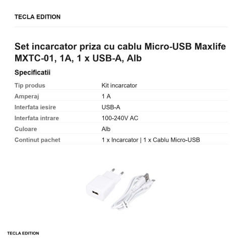 Set incarcator priza cu cablu Micro-USB Maxlife MXTC-01, 1A, 1 x USB-A, Alb [2]