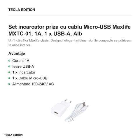 Set incarcator priza cu cablu Micro-USB Maxlife MXTC-01, 1A, 1 x USB-A, Alb [1]