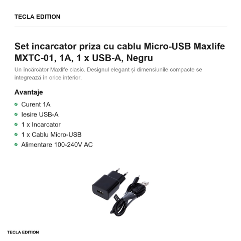 Set incarcator priza cu cablu Micro-USB Maxlife MXTC-01, 1A, 1 x USB-A, Negru [1]