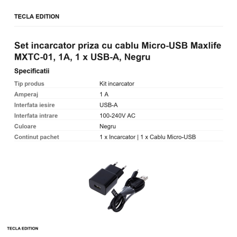 Set incarcator priza cu cablu Micro-USB Maxlife MXTC-01, 1A, 1 x USB-A, Negru [2]