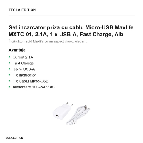 Set incarcator priza cu cablu Micro-USB Maxlife MXTC-01, 2.1A, 1 x USB-A, Fast Charge, Alb [1]