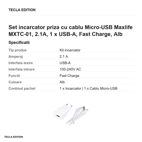 Set incarcator priza cu cablu Micro-USB Maxlife MXTC-01, 2.1A, 1 x USB-A, Fast Charge, Alb [2]
