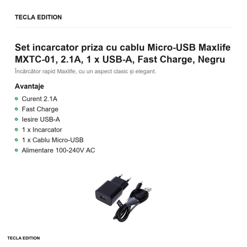 Set incarcator priza cu cablu Micro-USB Maxlife MXTC-01, 2.1A, 1 x USB-A, Fast Charge, Negru [1]