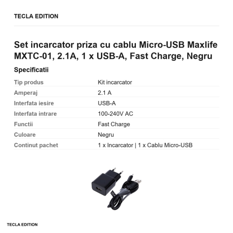 Set incarcator priza cu cablu Micro-USB Maxlife MXTC-01, 2.1A, 1 x USB-A, Fast Charge, Negru [2]