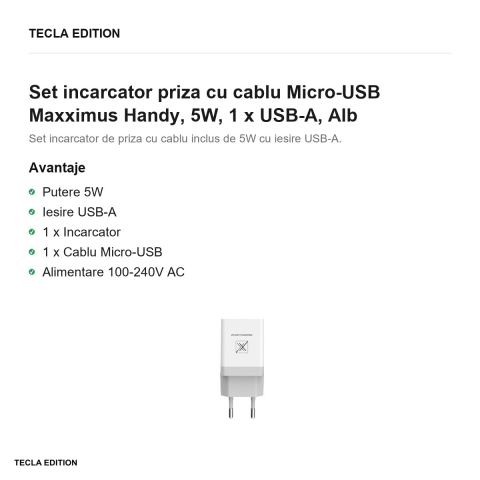 Set incarcator priza cu cablu Micro-USB Maxximus Handy, 5W, 1 x USB-A, Alb [1]