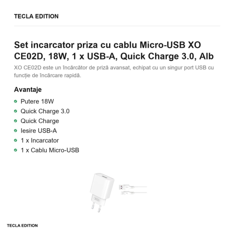 Set incarcator priza cu cablu Micro-USB XO CE02D, 18W, 1 x USB-A, Quick Charge 3.0, Alb [1]