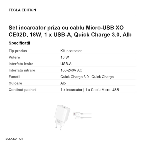 Set incarcator priza cu cablu Micro-USB XO CE02D, 18W, 1 x USB-A, Quick Charge 3.0, Alb [2]