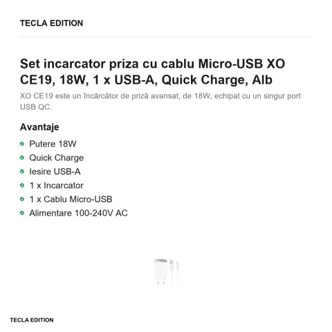 Set incarcator priza cu cablu Micro-USB XO CE19, 18W, 1 x USB-A, Quick Charge, Alb [1]