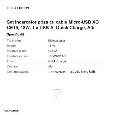 Set incarcator priza cu cablu Micro-USB XO CE19, 18W, 1 x USB-A, Quick Charge, Alb [2]